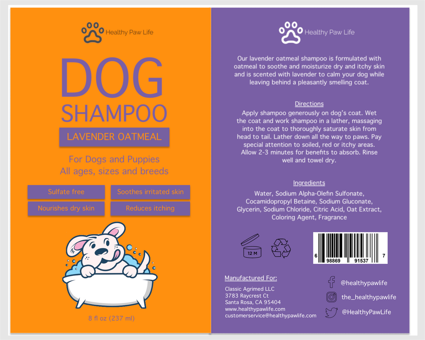 Oatmeal Lavender Pet Shampoo - Soothing Relief for Itchy Dogs, Deodorizes Foul Odor - Made in USA