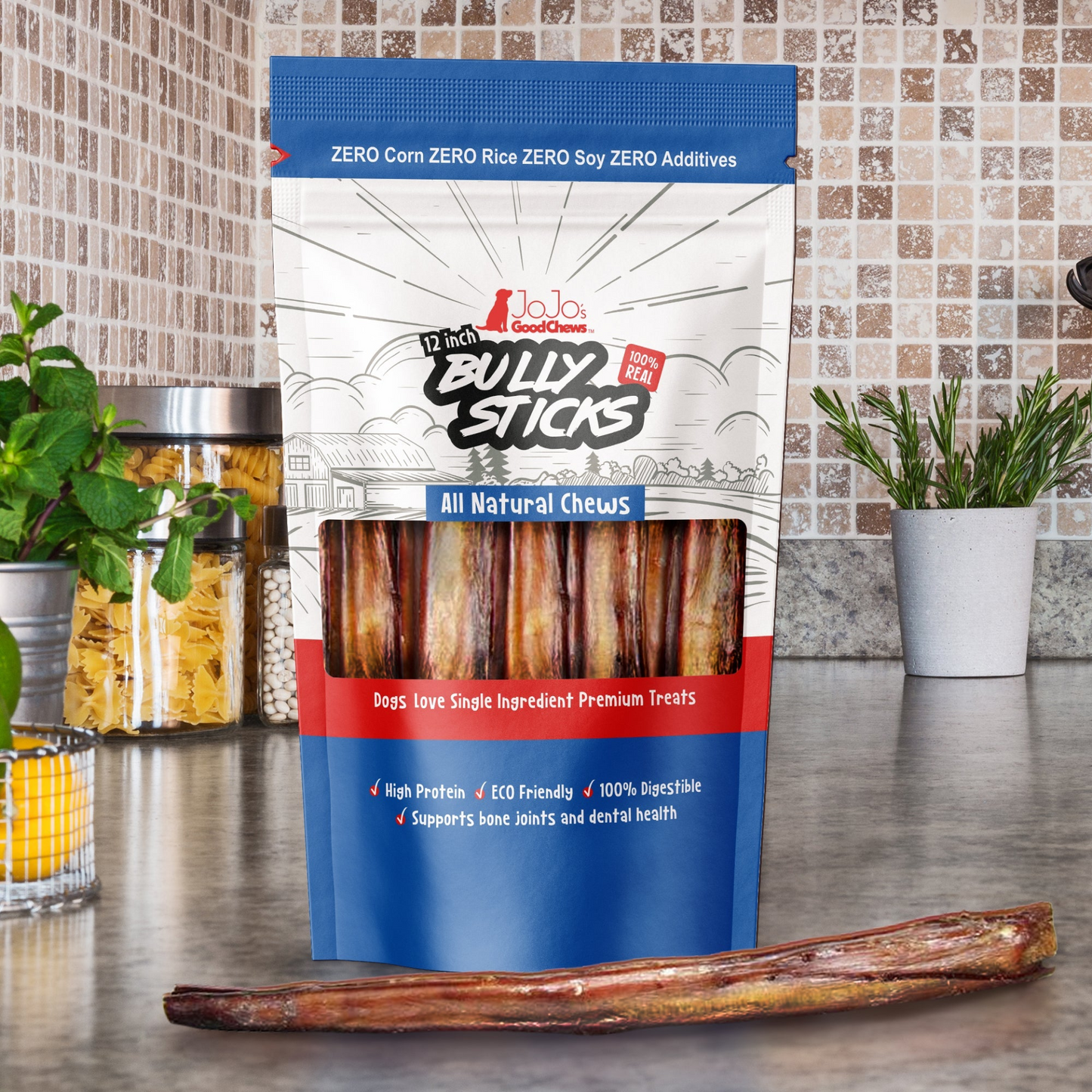 All-Natural Beef Bully Sticks Dog Treats, Single Ingredient, Long-Lasting Dog Chew Treats – 12" Jumbo (2-Pack)