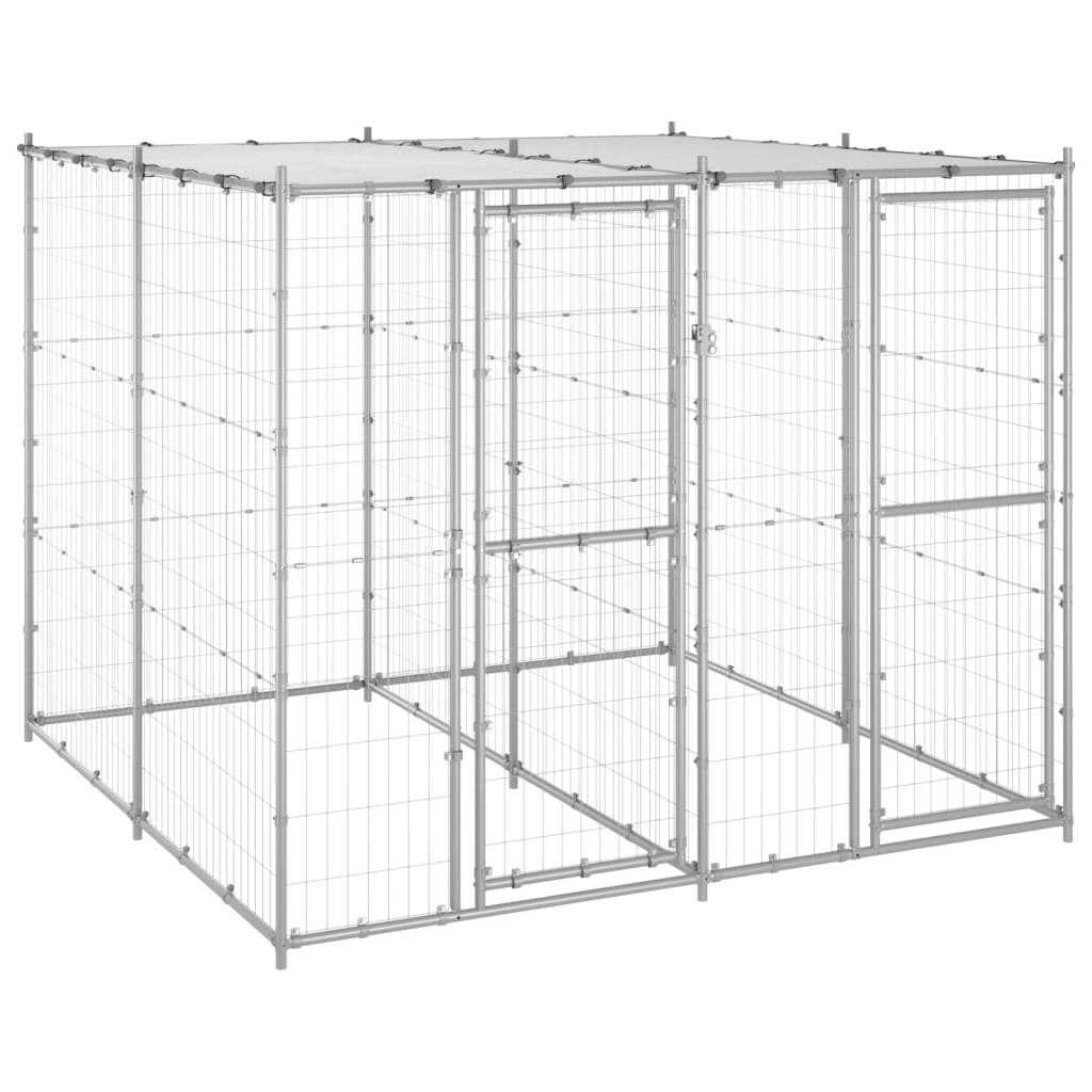 vidaXL Outdoor Dog Kennel with Roof - Galvanized Steel, Secure & Spacious, 52.1 ft²